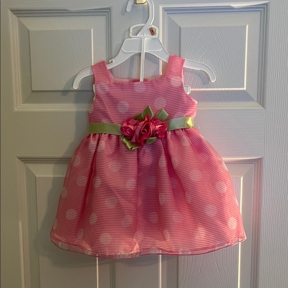 Youngland Pink Polka Dot Dress with Green Sash